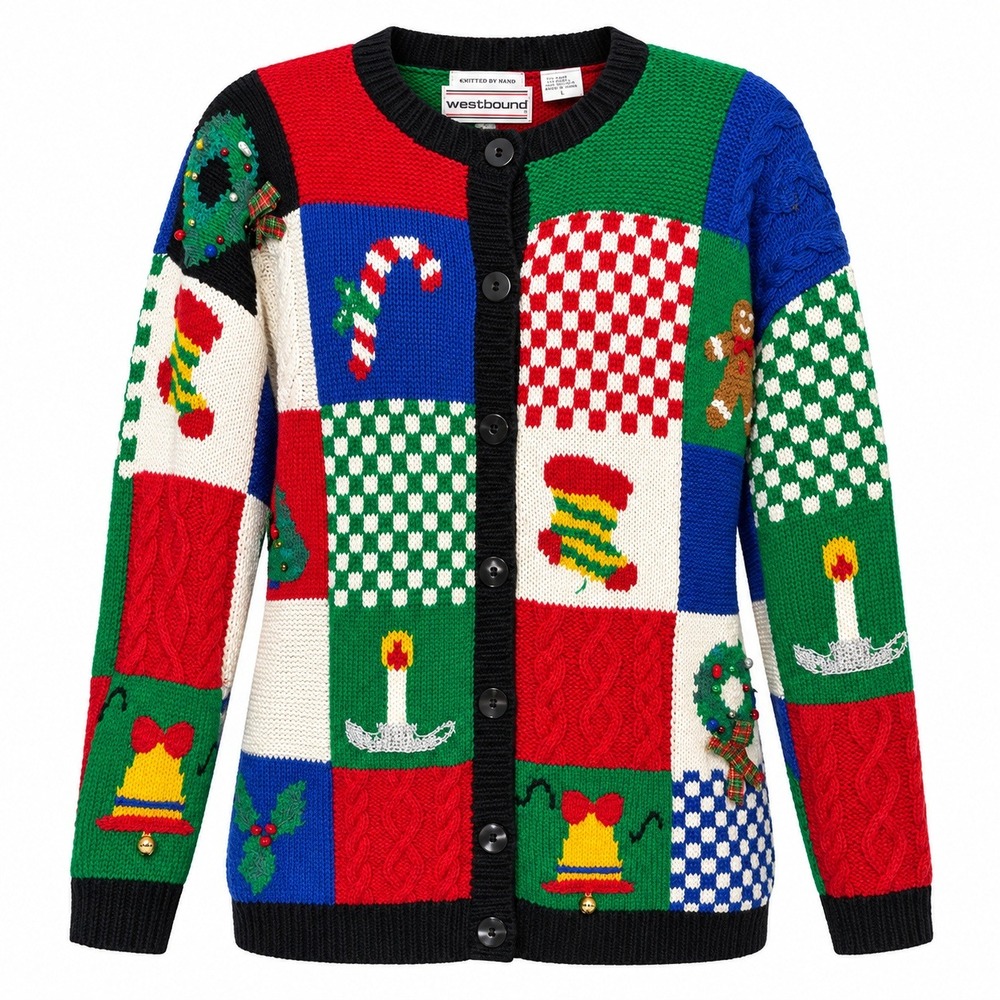 Vintage Hand Knit Ugly Christmas Cardigan Womens Medium Festive Patchwork Party